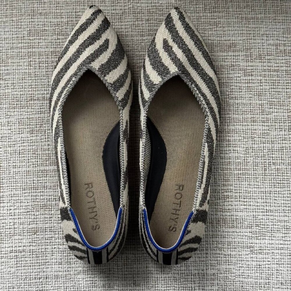 Rothy's Zebra-Print Pointed Flats in Black, Cream and Blue Trim